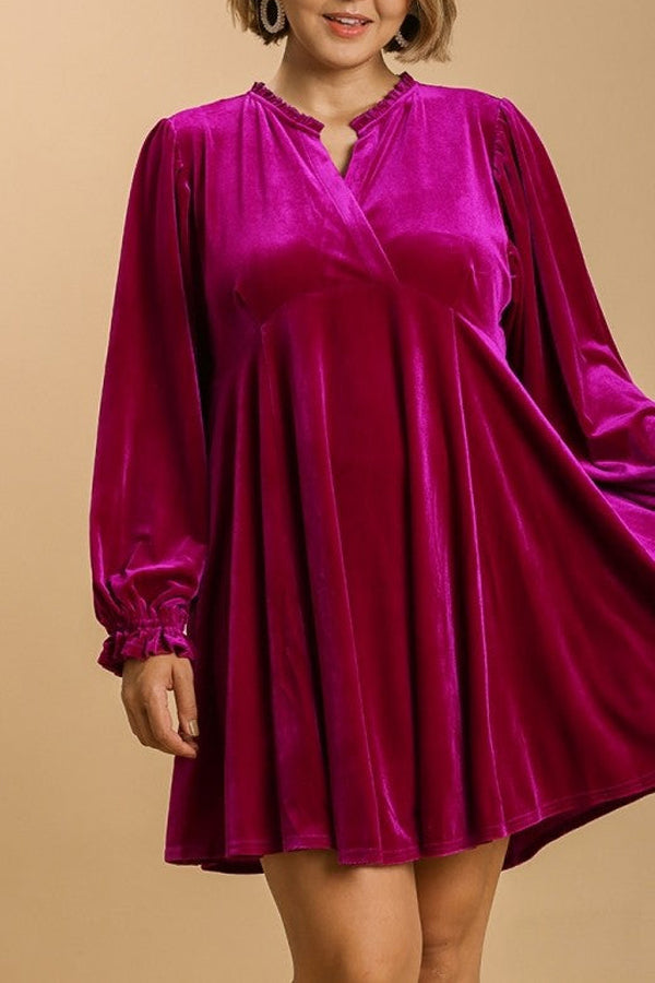 Umgee Velvet Dress with Puff Sleeves and Split Neckline in  Velvet