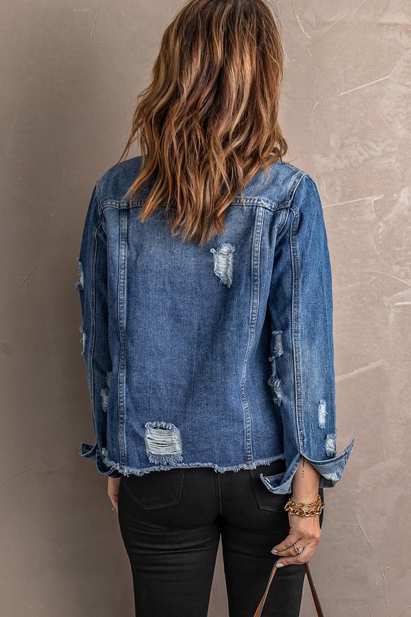 Lapel Distressed Raw Hem Buttons Denim Jacket