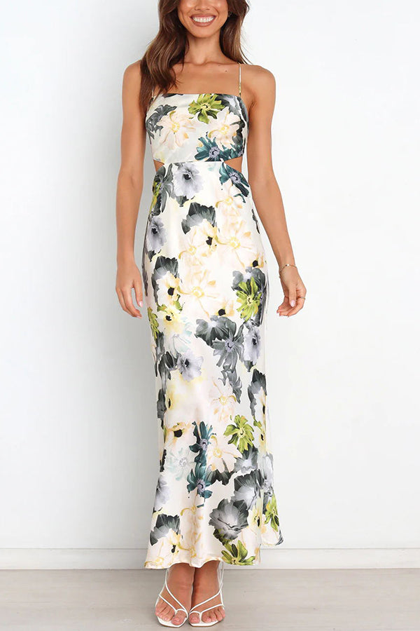 Garden Party Floral Satin Cut Out Back Lace-up Maxi Dress