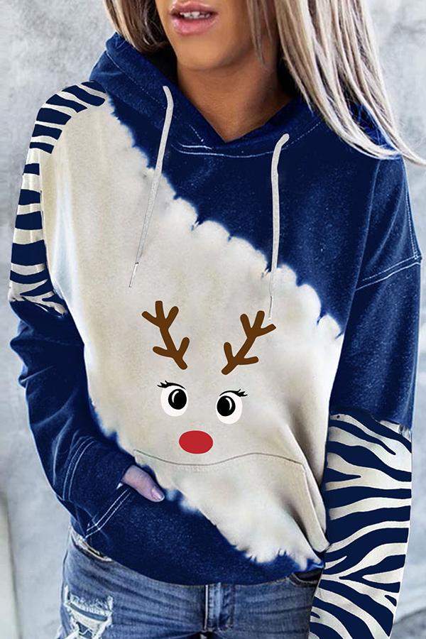 Santa Claus Print Color Block Hoodie  （Blue )