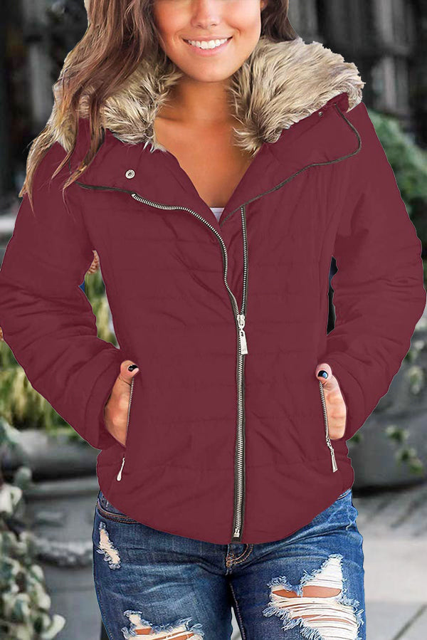 Women Casual Faux Fur Lapel Zip Pockets Quilted Parka Jacket