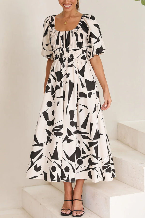 Kapri Geometric Print Puff Sleeve Elastic Waist Pocketed Midi Dress