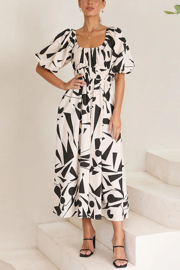 Kapri Geometric Print Puff Sleeve Elastic Waist Pocketed Midi Dress