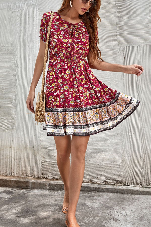 Bohemian Casual V-Neck Tie Vacation Dress