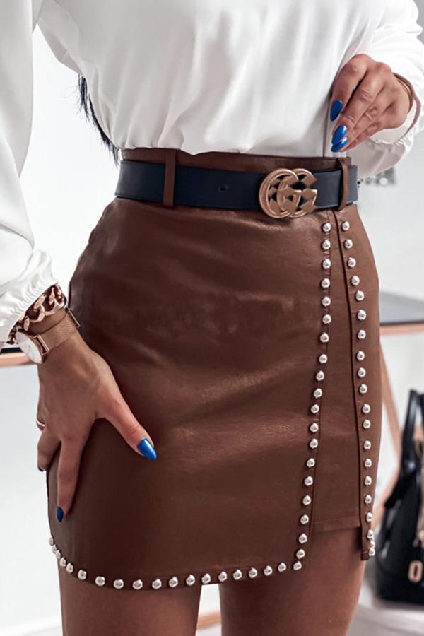 Sexy Faux Leather Beaded Skirt