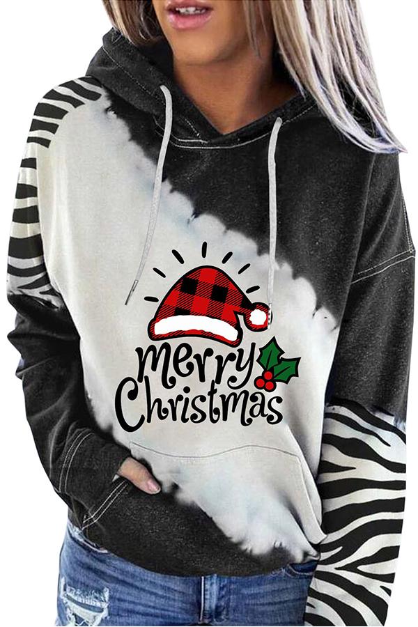 Santa Claus Print Color Block Hoodie  （Black）