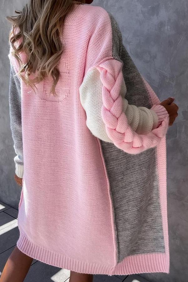 Crochet Colorblock Round Collar Knit Cardigan