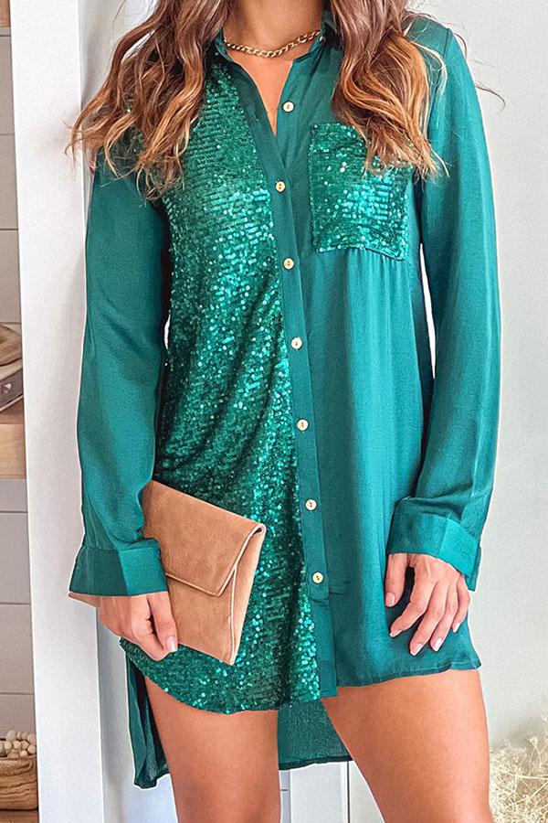 Adorable Sequin Pocket Details Shirt Dress