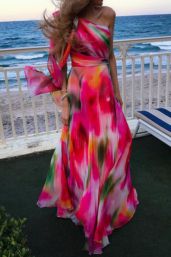 Rainbow Print Pleated Neck Maxi Dress