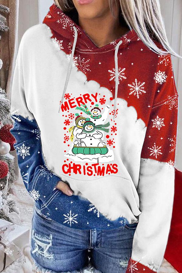 Santa Claus Print Color Block Hoodie  （Red and blue）