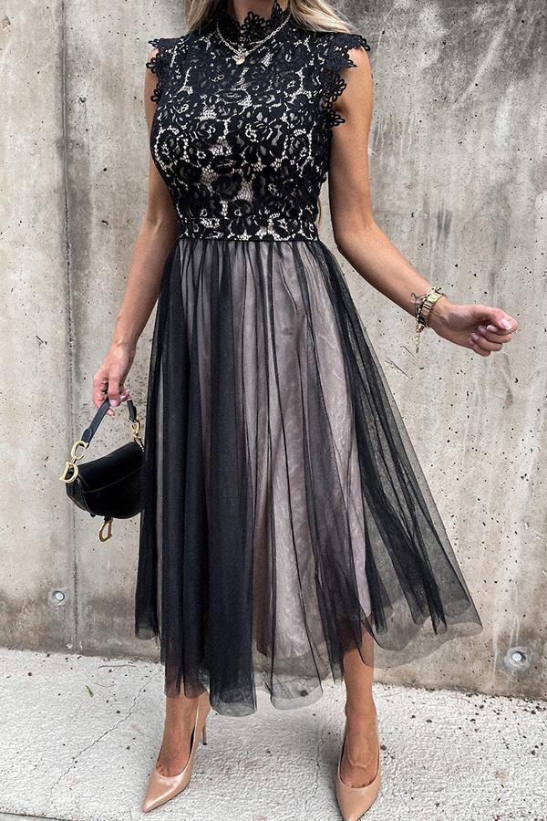 Black Lace Stitching Mesh Sleeveless Midi Dress