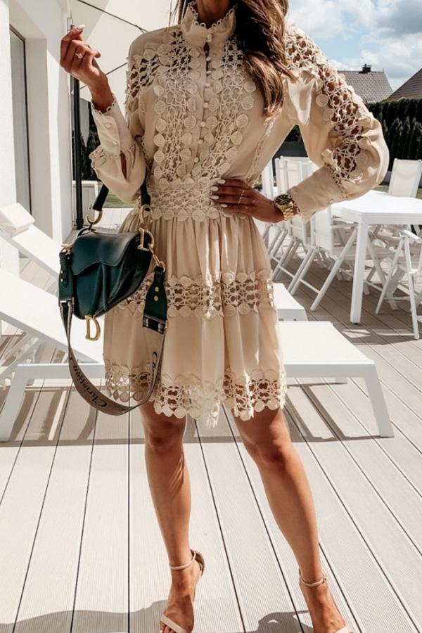 Lace Long-sleeved Solid Color Stitching Dress