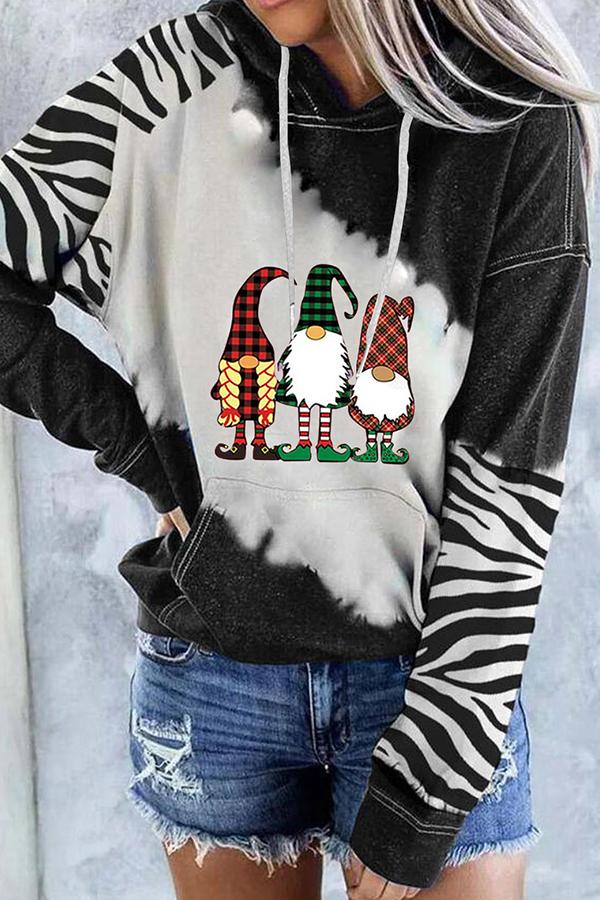 Santa Claus Print Color Block Hoodie  （Black）