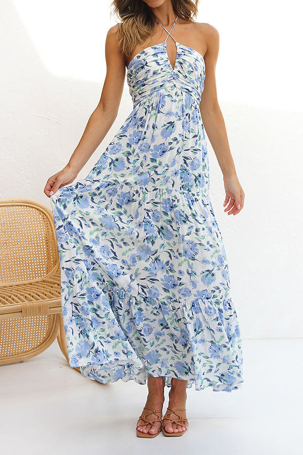 Floral V-Neck Backless Maxi Dress