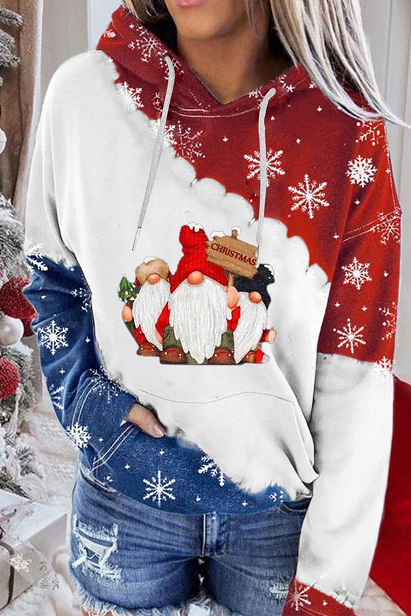 Santa Claus Print Color Block Hoodie  （Red and blue）