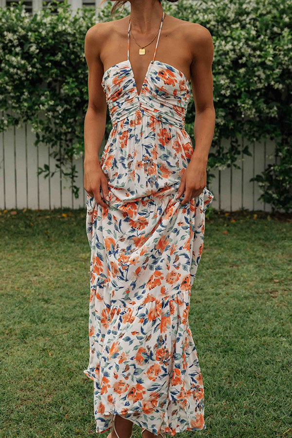 Floral V-Neck Backless Maxi Dress