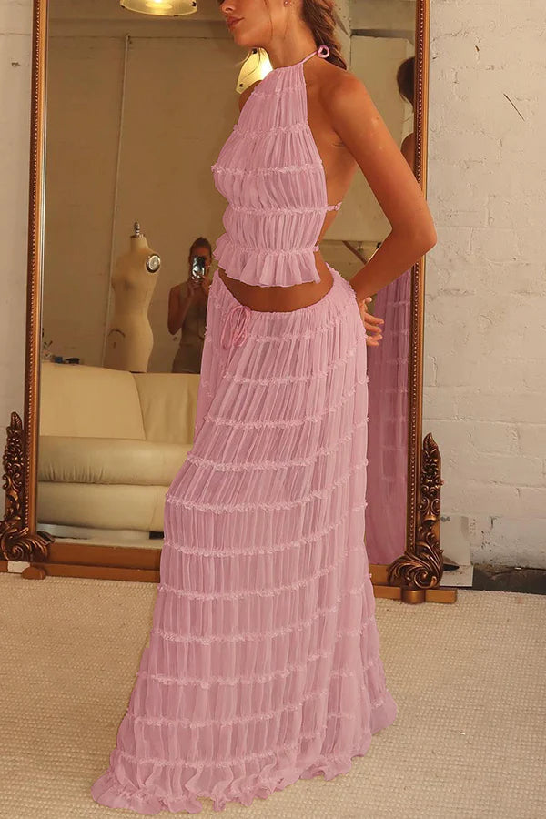 Versatility and Vintage Charm Pleated Drawstring Waist Tiered Maxi Skirt