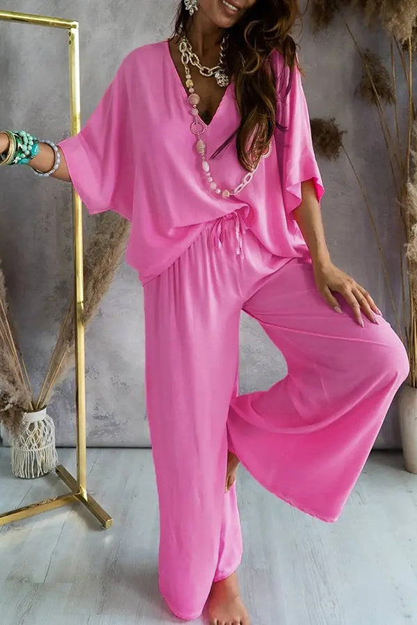 Solid Color V-Neck Loose Pants Suit