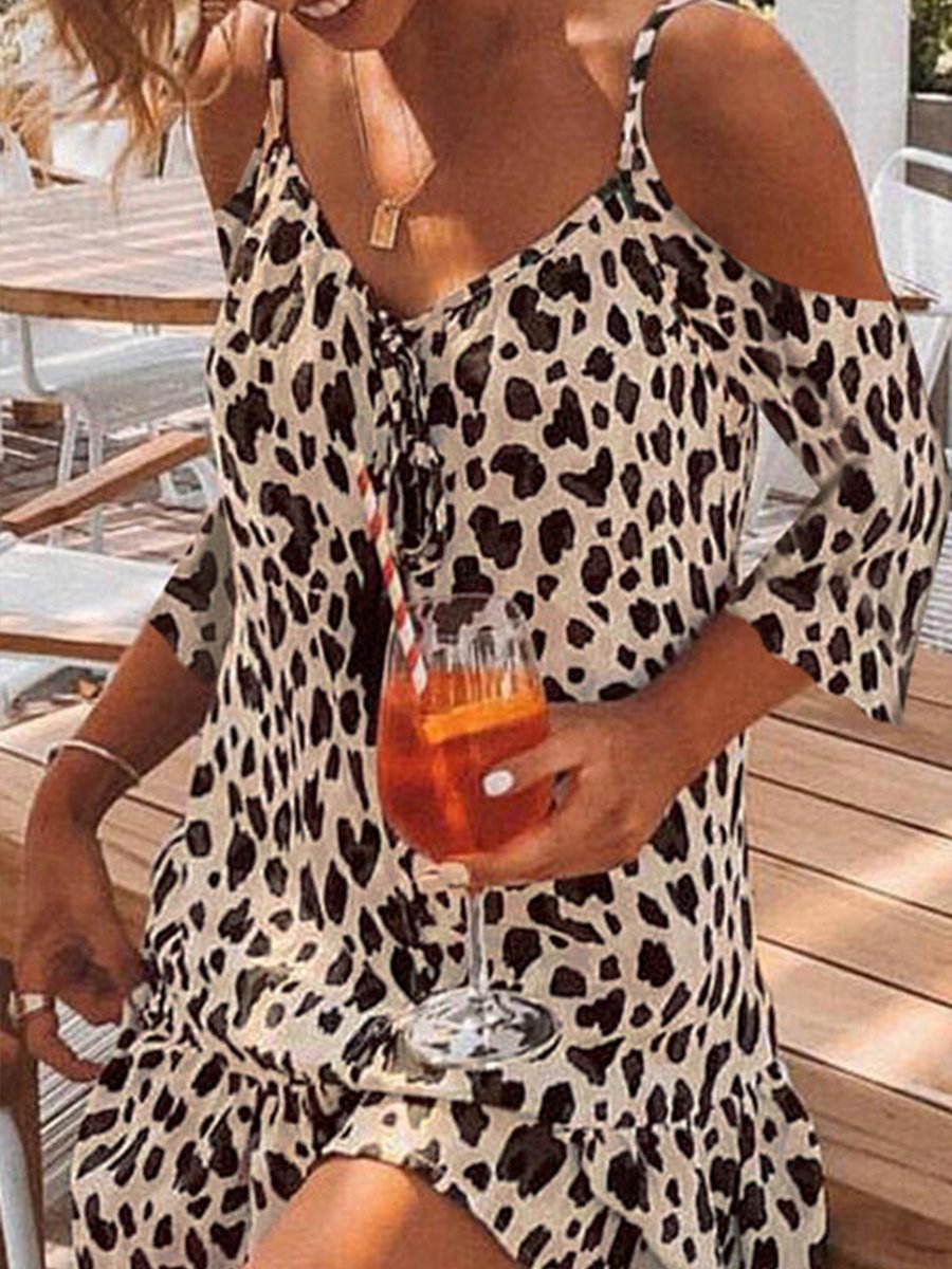 Cold-shoulder V-neck Straps Leopard Print Dress