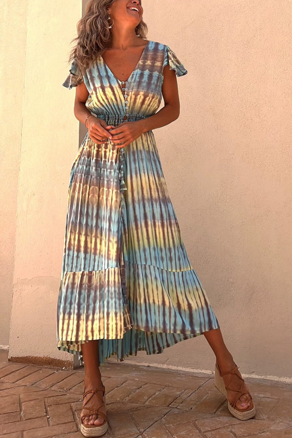 Lorina Tie-dye Print Button Smocked Waist Backless Midi Dress