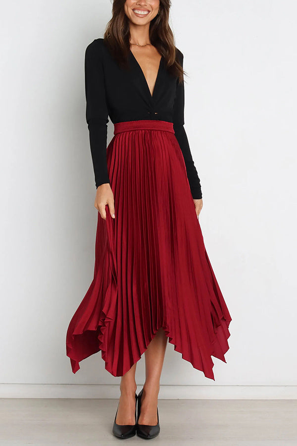 Yris Satin Pleated Elastic Waist Asymmetrical Hemline Midi Skirt