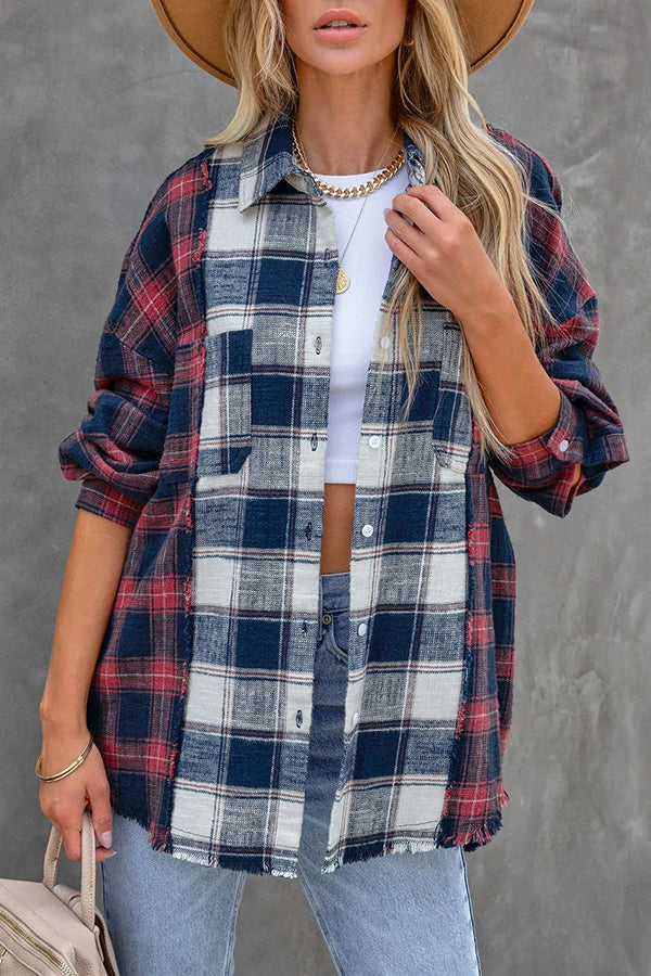 Autumn and Winter Color-block Plaid Hem Wool Long-sleeved Shirt