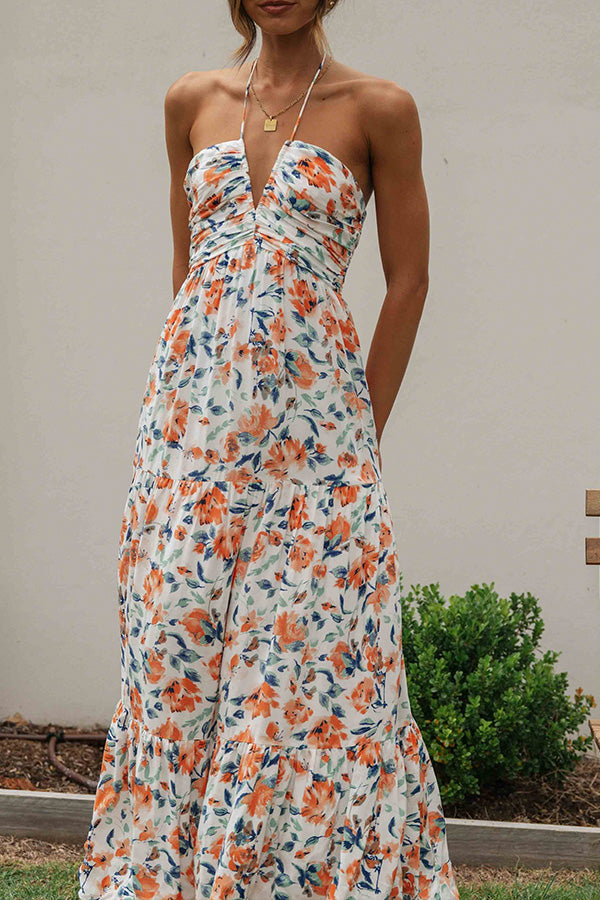 Floral V-Neck Backless Maxi Dress