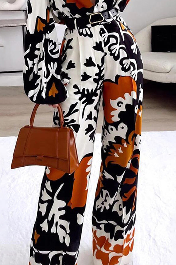 Belt Irregular Print Pocket Long Sleeve Top Trousers Set