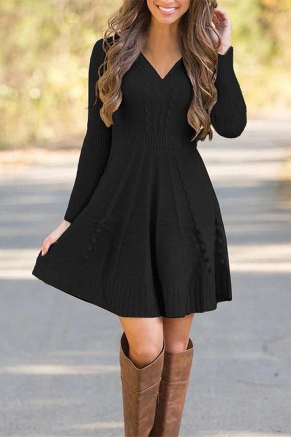 Solid Cable-knit Lace V-Neck Casual Long Sweater Dress