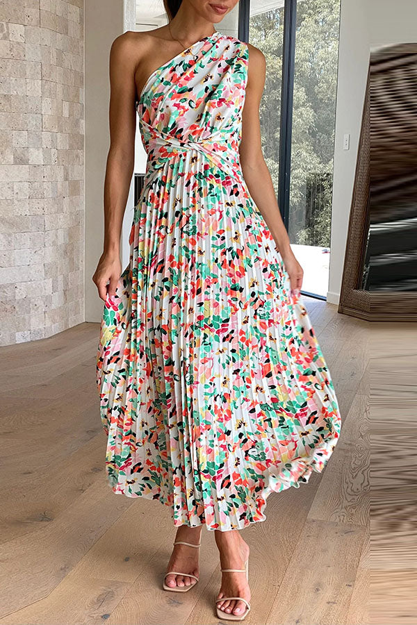 Saw An Angel Floral One Shoulder Elastic Waist Pleated Maxi Dress