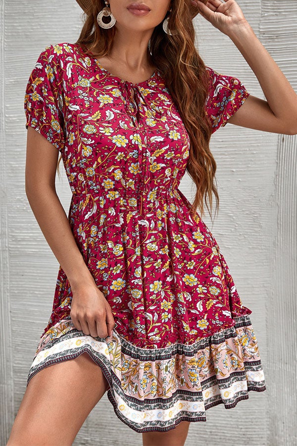 Bohemian Casual V-Neck Tie Vacation Dress