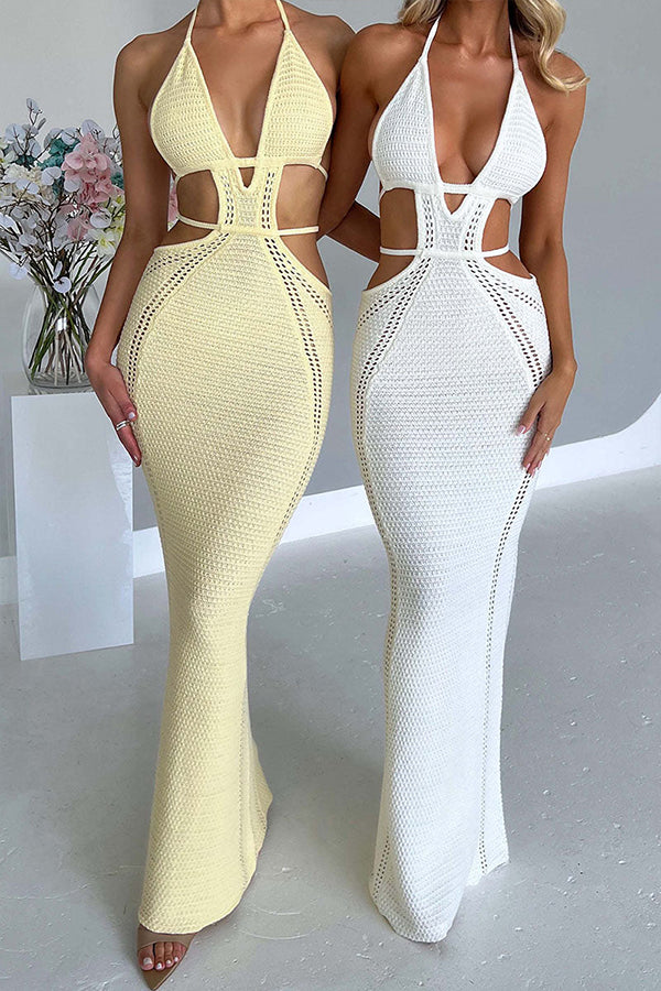 CUTOUT KNITTED V NECK TIE STRAPS BODYCON MAXI DRESSES