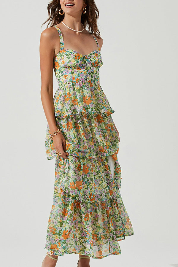 Floral Backless Tiered Hem Maxi Dress