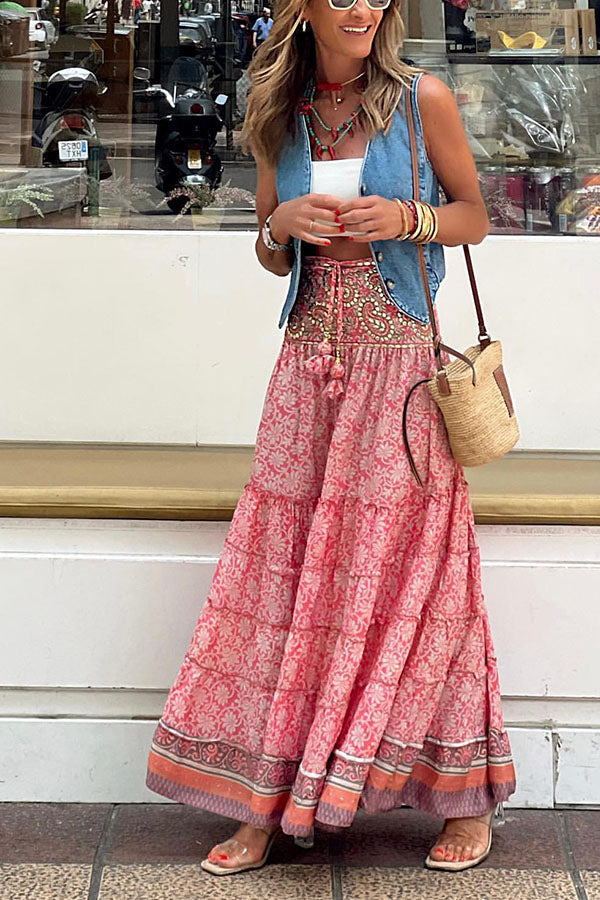 Bohemian paneled floral maxi skirt