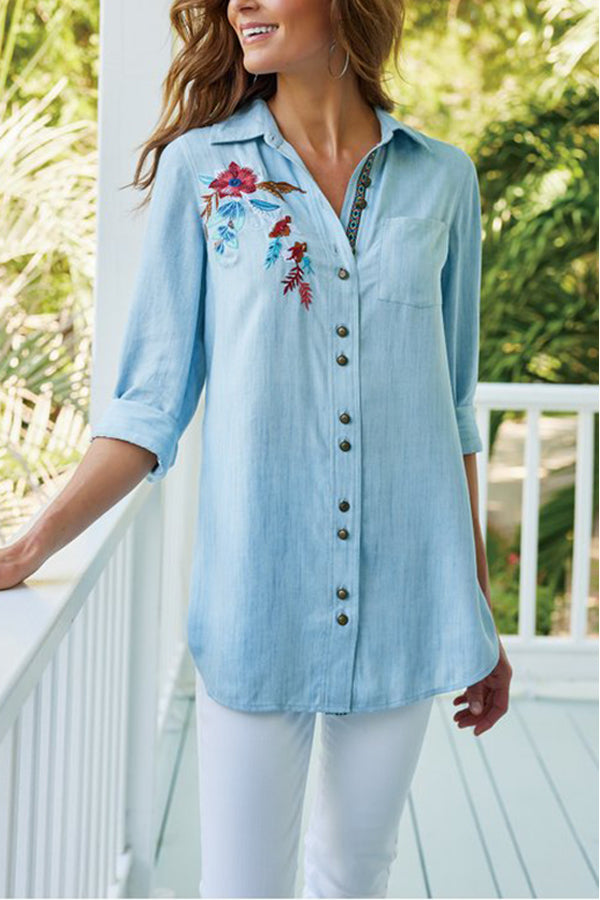 Denim Embroidered Shirt Jacket