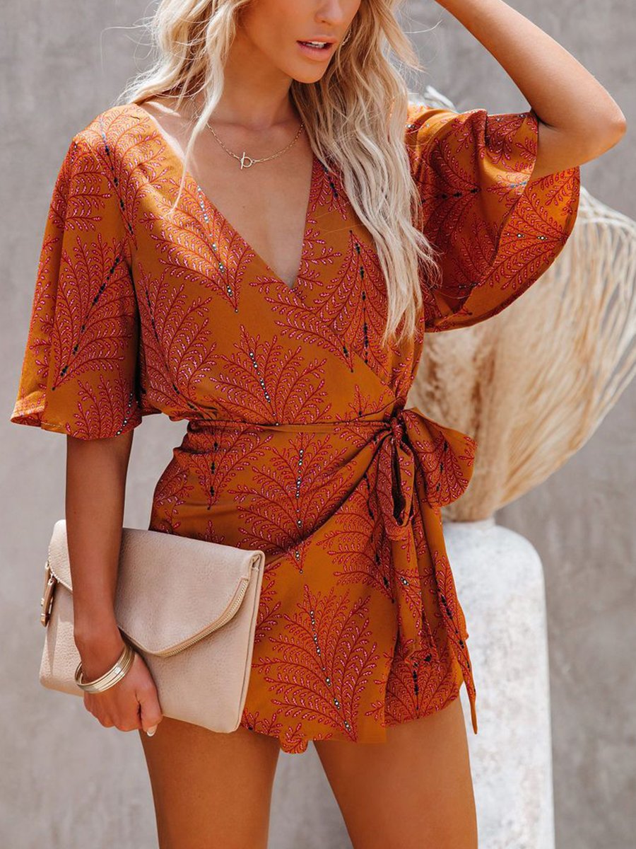 Unique V-neck Cutout Back Printed Romper