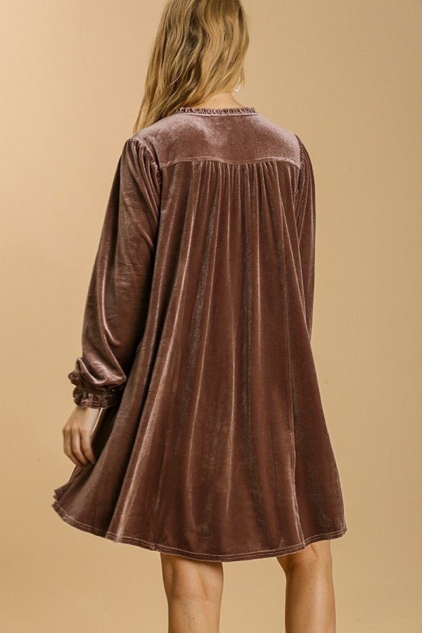 Umgee Velvet Dress with Puff Sleeves and Split Neckline in  Velvet