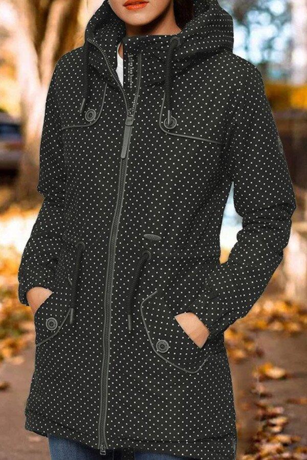 Drawstring Polka Dot Hooded Printed Coat