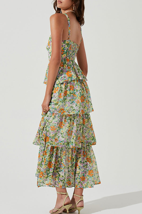 Floral Backless Tiered Hem Maxi Dress