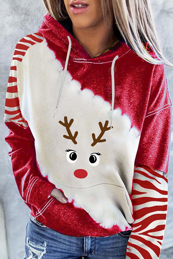 Santa Claus Print Color Block Hoodie  （Red）