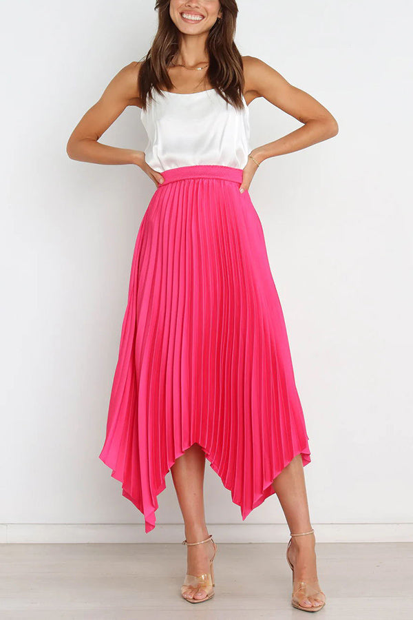 Yris Satin Pleated Elastic Waist Asymmetrical Hemline Midi Skirt