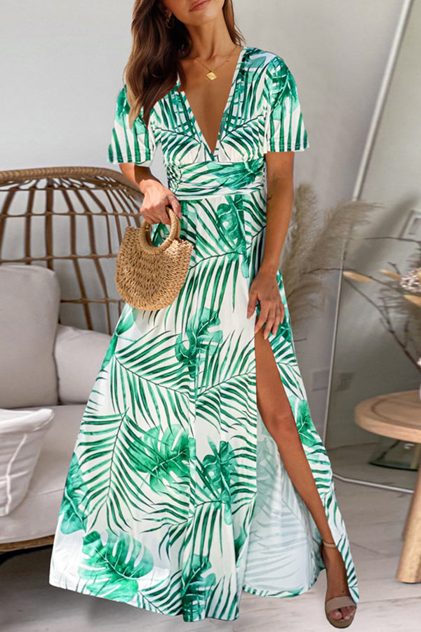 Short Sleeve Slit Print Maxi Dress