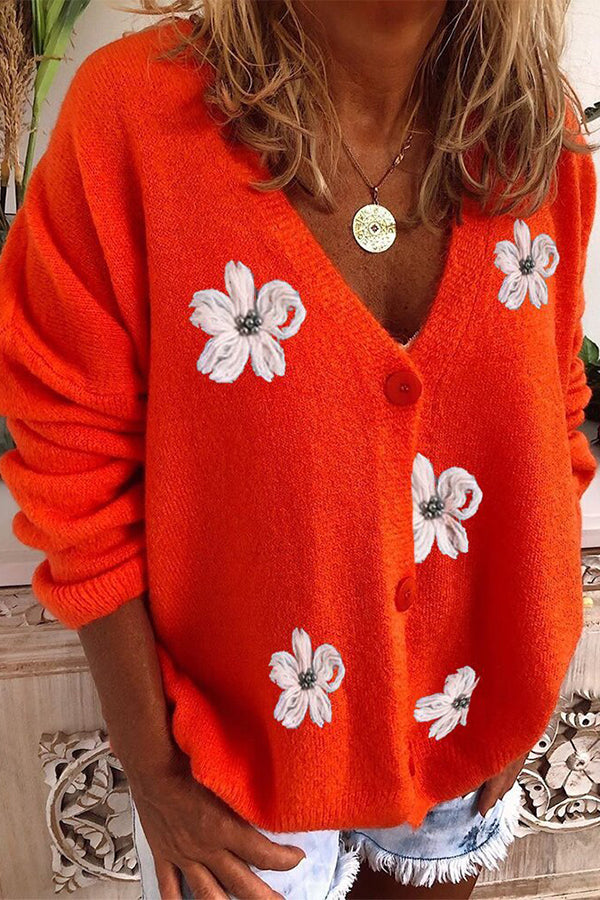 Ladies Long Sleeve Cardigan Embroidered V-Neck Knit Sweater