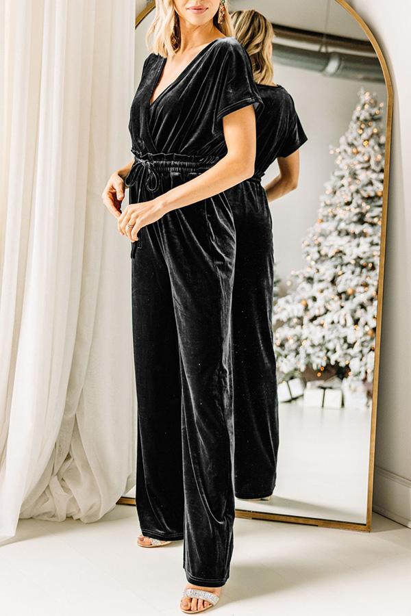 Roschic Casual V-neck Solid Gold Velvet Jumpsuit