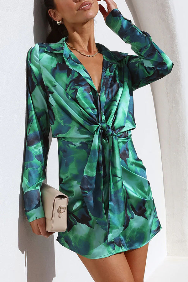 Marina Satin Plant Printed Center Front Tie Up Shirt Mini Dress