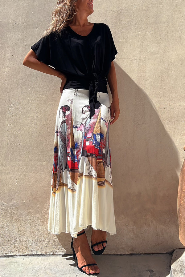 Fall In Love with Kyoto Geisha Printed Elastic Waist Stretch Maxi Skirt