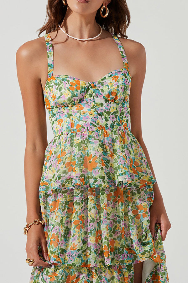 Floral Backless Tiered Hem Maxi Dress