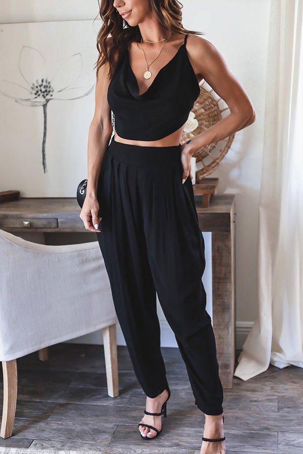 Cowl Neck Open Back Top & Pleated Pants Suit