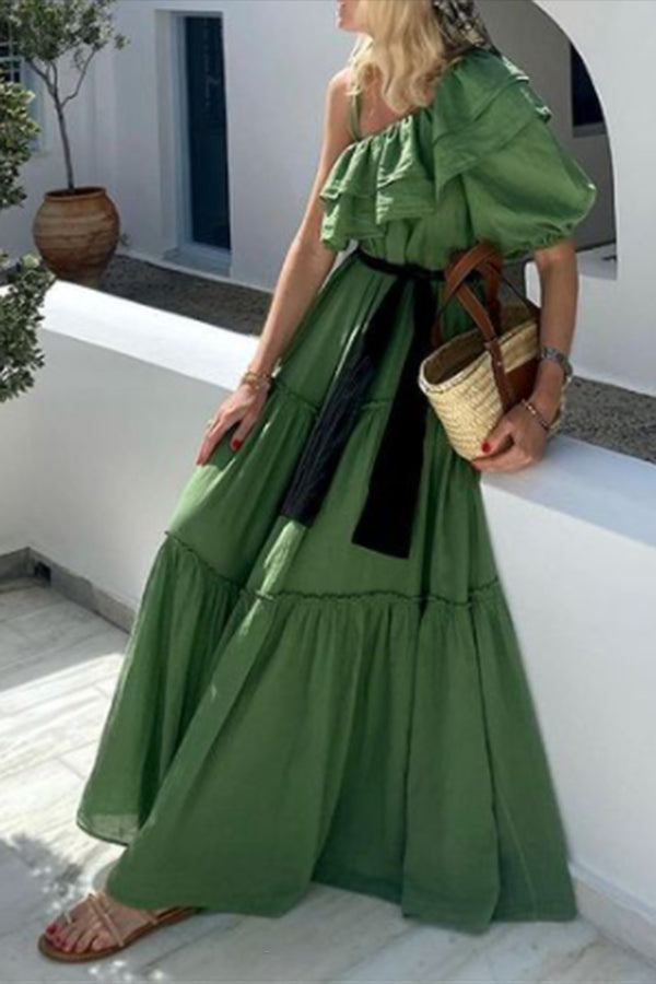 One Shoulder Puff Sleeve Solid Color Swing Maxi Dress