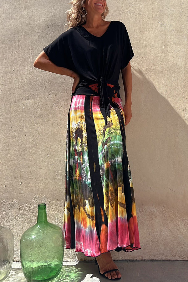 Fall In Love with Kyoto Geisha Printed Elastic Waist Stretch Maxi Skirt